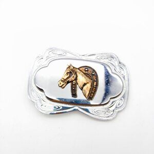 Vintage Western Belt Buckle, Coppery Horse Head in Horseshoe on Silver Tone Tool
